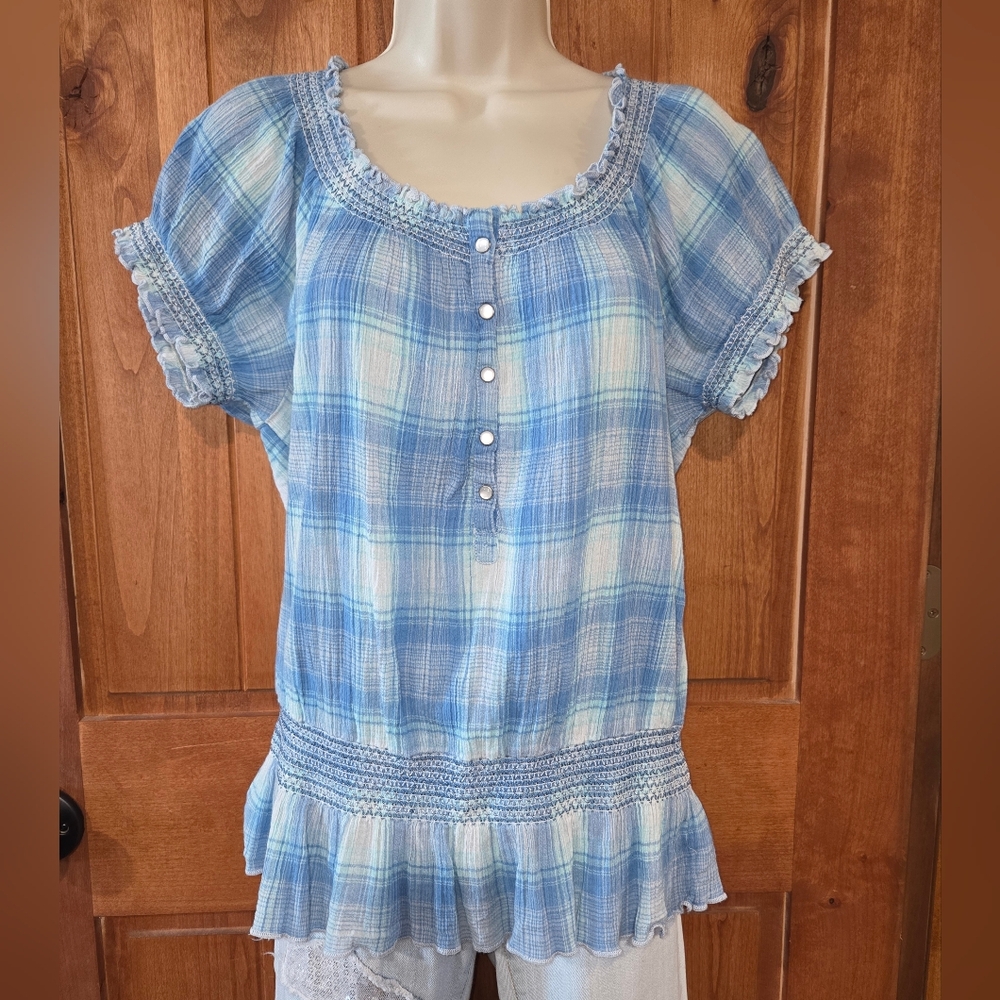 BandolinoBlu Women's‎ Blue Plaid Ruffle Blouse